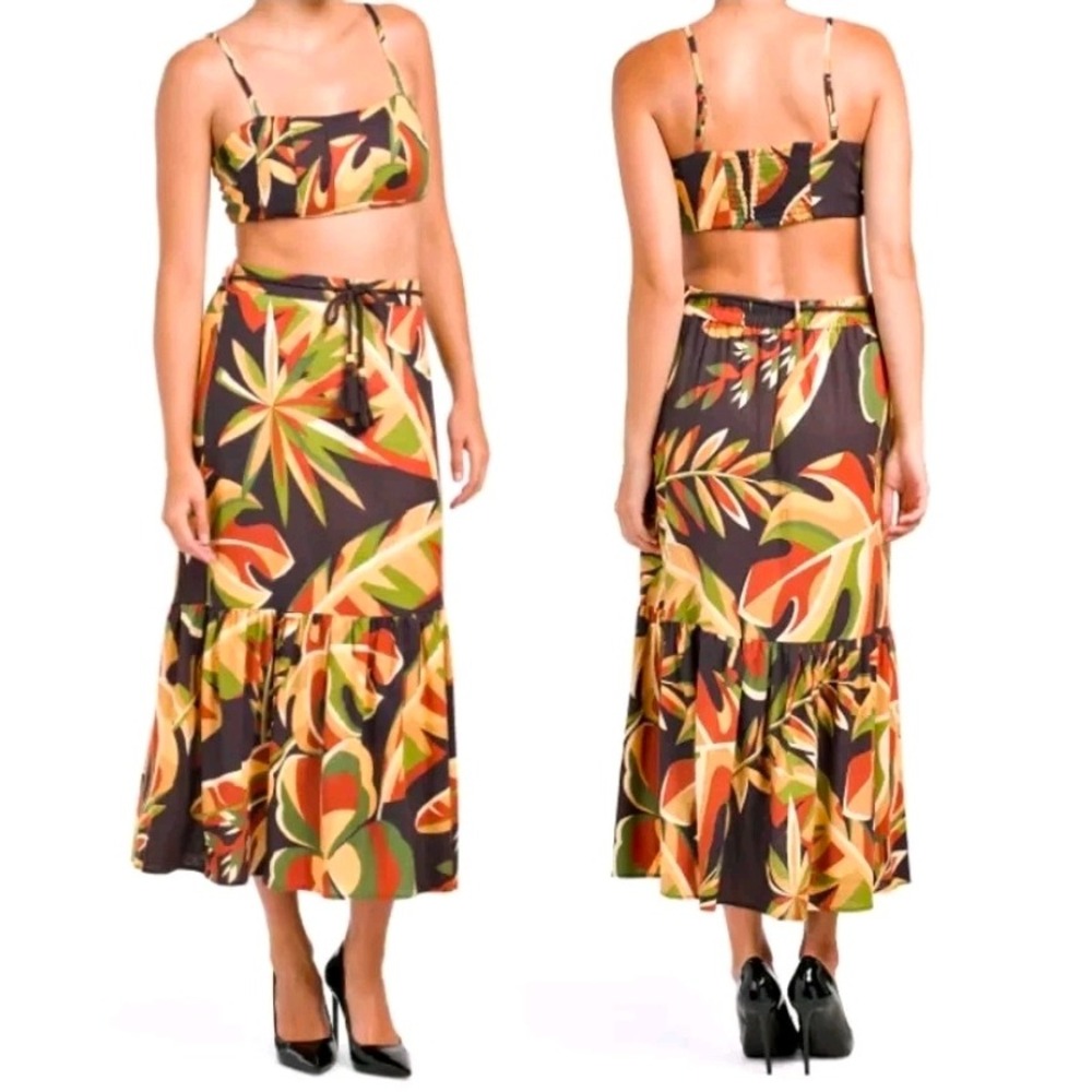 House of Harlow 1960 Tropical Print 2 Piece Linen Blend Midi Skirt Set Size L